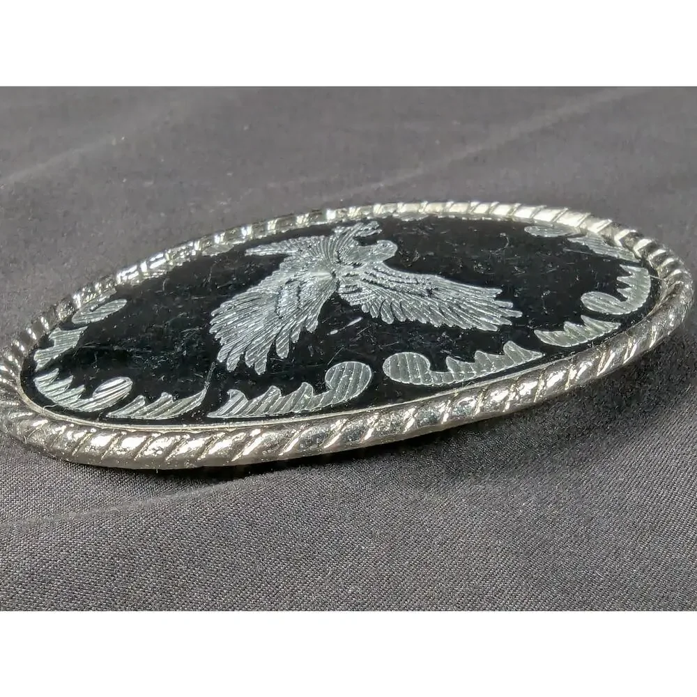 Vintage Oval Belt Buckle Silver-Tone Eagle Motif Black Enamel Rope Border 3.5in